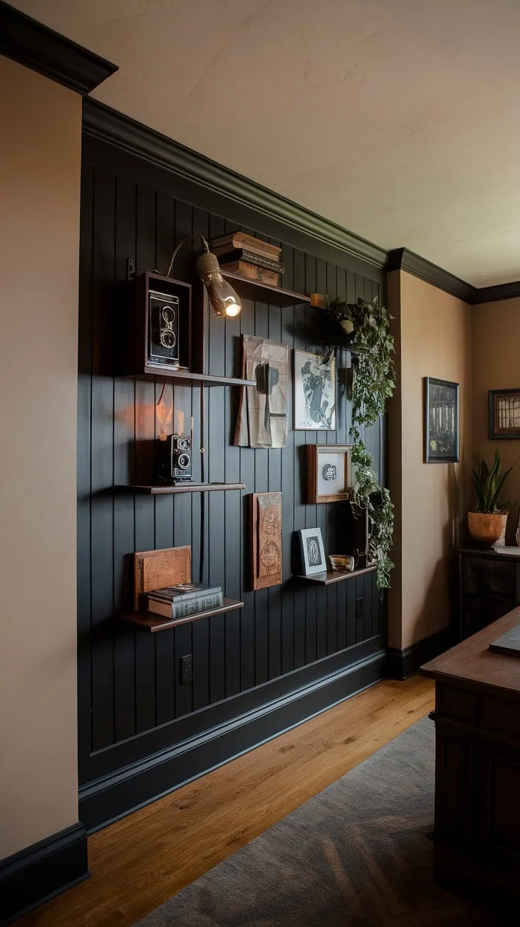 A black wall home office doesn't have to be stark. This accent home office uses a deep, paneled dark accent wall office to create a rich and textured backdrop.  The home office display wall adds personality, making it a truly unique and inspiring workspace.  Masculine basement home office ideas are elevated with this thoughtful design.
