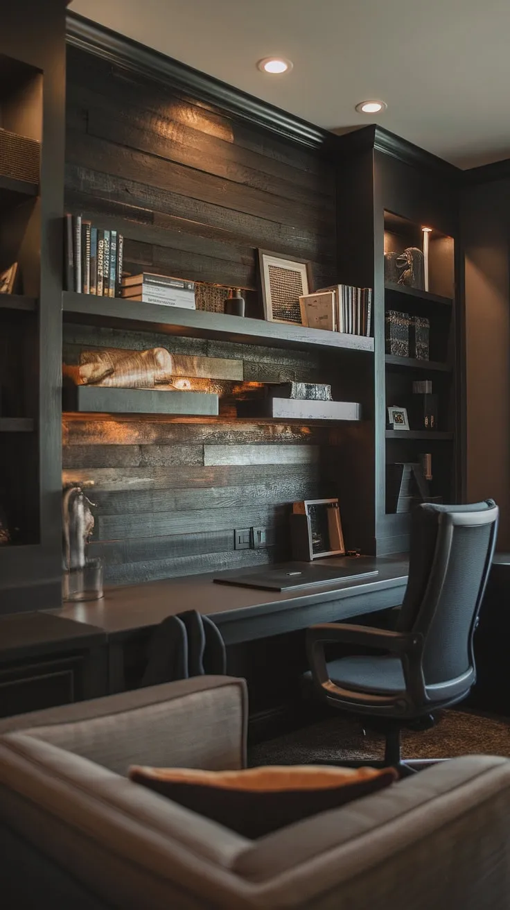 A black wall home office doesn't have to be stark. This accent home office showcases a textured home office wood wall, creating a warm and inviting atmosphere. The office feature wall, complete with shelving, adds personality to this masculine basement home office ideas.  The dark accent wall office is the perfect backdrop for focused work.