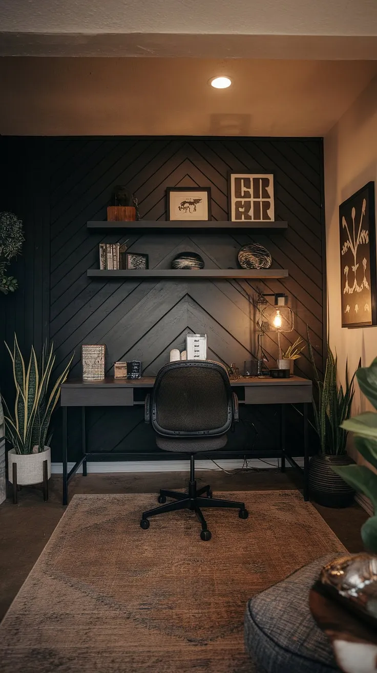 This moody office design transforms a basement into a masculine sanctuary. The dark accent wall, a striking home office wood wall, serves as a captivating home office display wall, showcasing personal items against the black wall home office backdrop.  The wall behind the office desk anchors the space, offering both style and functionality.  Masculine basement home office ideas come alive in this thoughtfully curated space.