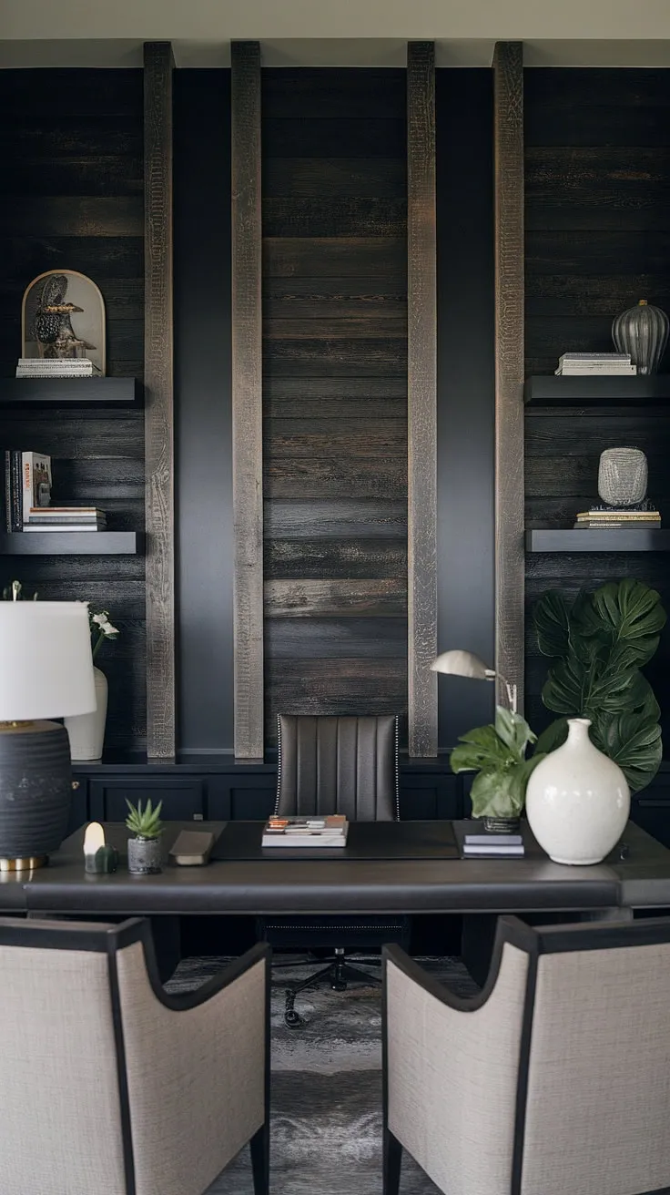 This moody office design showcases a striking home office wood wall, the perfect office feature wall.  The dark accent wall office, a black wall home office, provides a dramatic backdrop for the home office display wall, filled with books and personal touches.  Masculine basement home office ideas come to life with this sophisticated space, where the wall behind office desk anchors the entire accent home office.