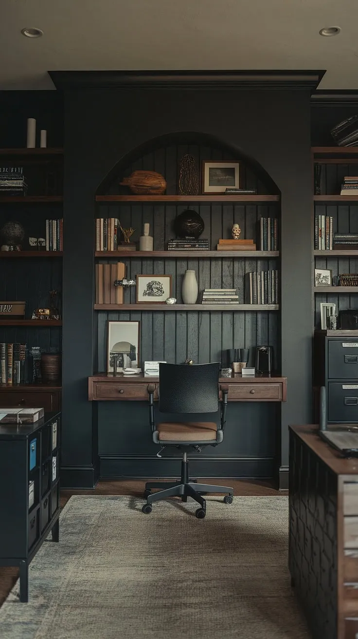 This moody office design transforms a basement into a sophisticated workspace. The dark accent wall, a striking black wall home office feature, anchors the room, while the home office wood wall shelving provides ample storage and display space for books and decorative objects.  The home office display wall perfectly complements the masculine basement home office ideas, creating a truly unique and inspiring environment. The wall behind the office desk adds depth and character to this functional and stylish space.