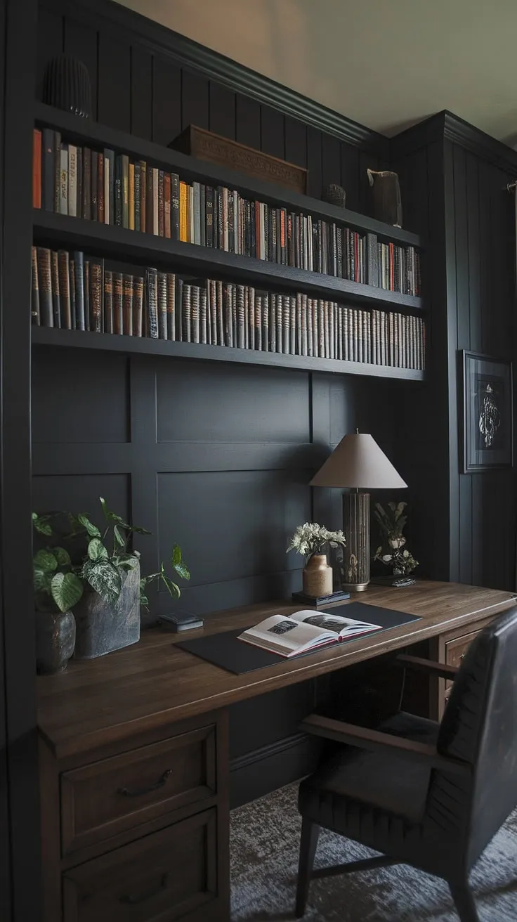 This moody office design showcases a striking black wall home office, featuring a home office wood wall with intricate paneling. The dark accent wall office serves as a dramatic backdrop for the home office display wall, creating a masculine basement home office ideas aesthetic.  The wall behind office desk is the perfect canvas for this sophisticated workspace.