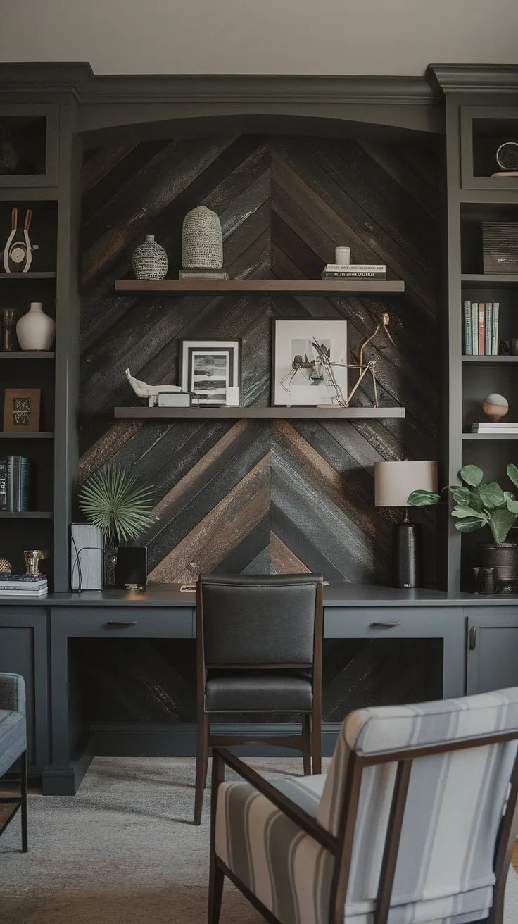 A black wall home office transformed! This accent home office boasts a textured home office wood wall, creating a dramatic backdrop for the workspace.  The wall behind the office desk is a stunning focal point, showcasing masculine basement home office ideas with effortless style.