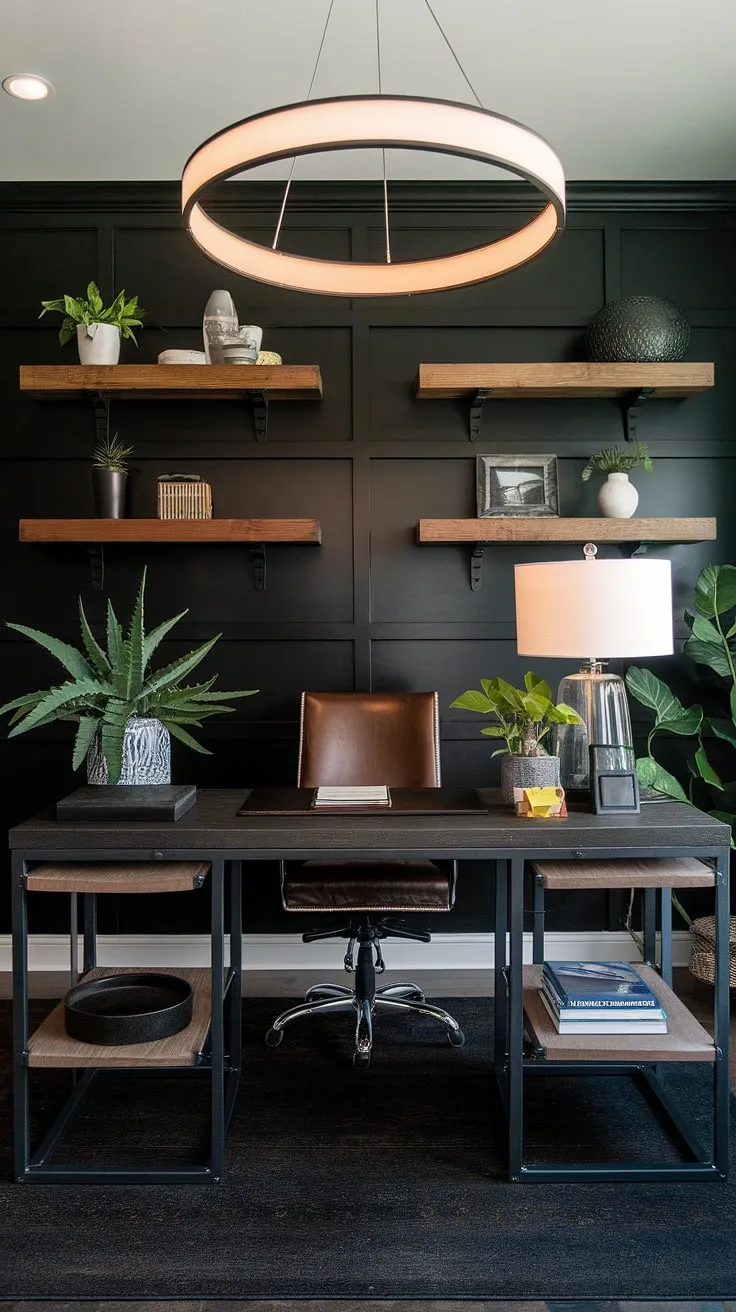 A dark accent wall office, featuring a black wall home office and a home office wood wall, sets the stage for this masculine workspace.  The office feature wall, complete with strategic shelving, provides ample display space, while the overall design offers inspiration for masculine basement home office ideas.  The carefully curated items on the desk complete the look of this accent home office.
