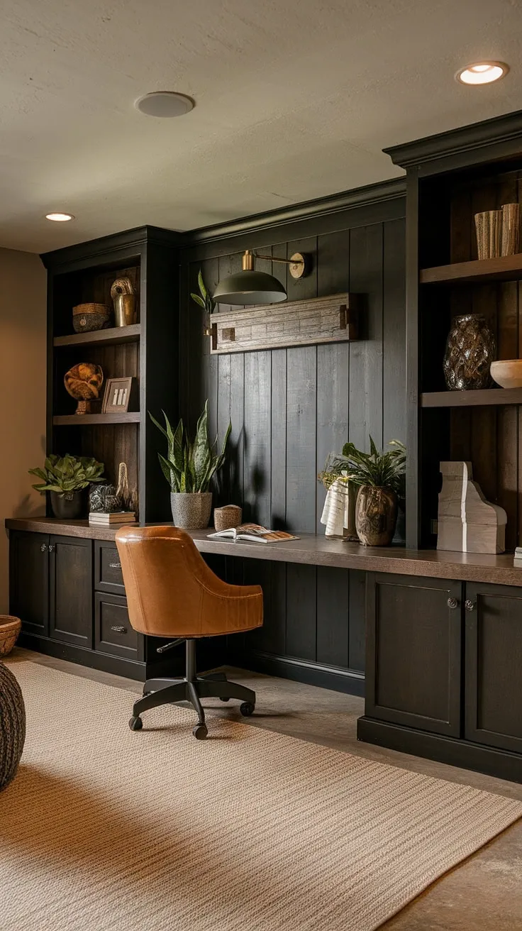 This moody office design transforms a basement into a sophisticated workspace.  The home office wood wall, a striking black wall home office feature wall, anchors the room, showcasing a home office display wall brimming with personality.  Masculine basement home office ideas come alive with this dark accent wall office, creating a warm and inviting atmosphere behind the office desk.