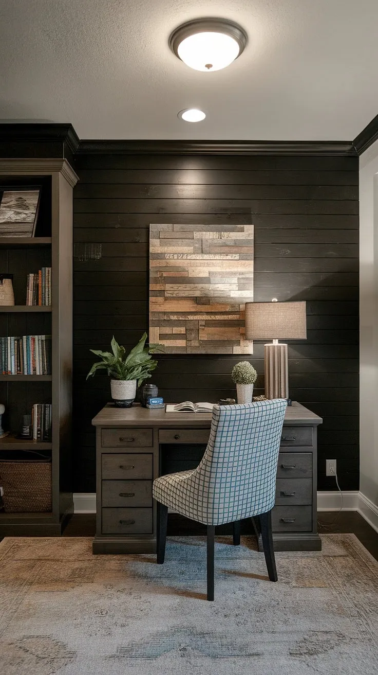 Masculine basement home office ideas come to life with this dramatic dark accent wall office. The home office wood wall, acting as an office feature wall, creates a stunning visual impact.  This black wall home office is a testament to the power of a well-designed accent home office, transforming the space with its rich texture and moody ambiance.
