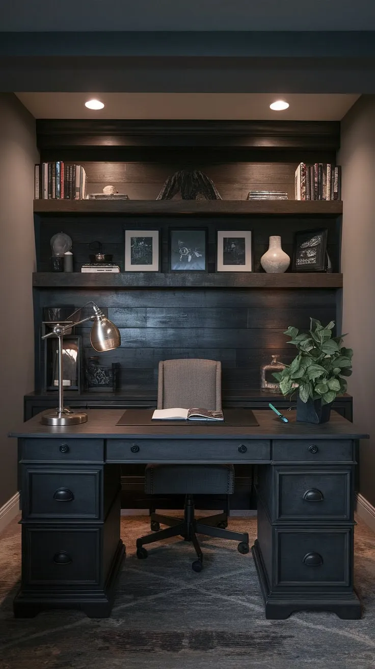 A black wall home office, this space effortlessly blends style and functionality. The dark accent wall office is a statement piece, acting as a home office display wall and showcasing the homeowner's personality.  The carefully chosen items on the desk and shelves, against the backdrop of the home office wood wall, complete this moody office design.  Consider this inspiration for your own masculine basement home office ideas.