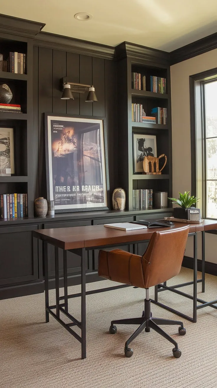 This moody office design showcases a striking dark accent wall, a home office display wall perfect for showcasing books and personal items. The home office wood wall adds warmth to the masculine basement home office ideas, while the wall behind the office desk becomes a captivating focal point.  The natural light from the window complements the black wall home office aesthetic.