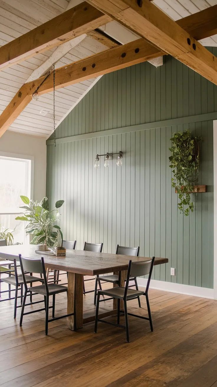 This farmhouse dining room's green accent wall, complete with board and batten detailing, is the perfect blend of rustic charm and modern style.  The dining room accents, from the wooden table to the potted plants, complement the vibrant green walls beautifully, creating a space that's both inviting and sophisticated.