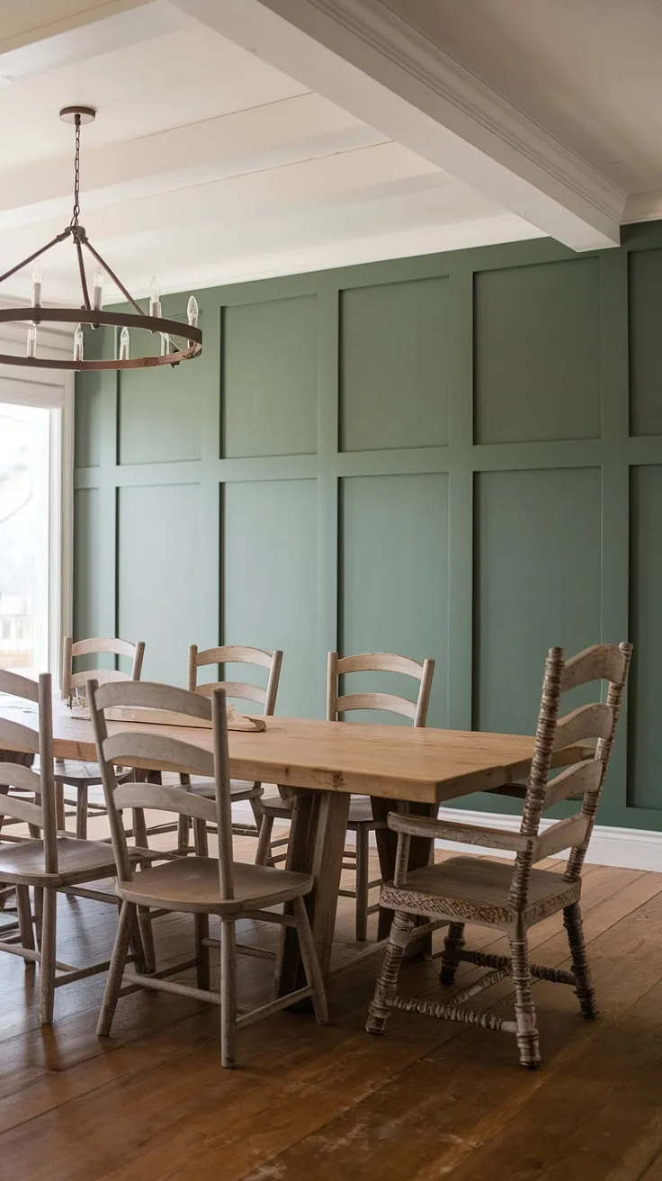 The rich green of this board and batten dining room accent wall brings a touch of nature's serenity to this farmhouse dining room.  The perfect blend of rustic charm and modern elegance, showcasing how a simple room accent wall can transform a space.  This green accent walls design is a stunning example of dining room accents done right.