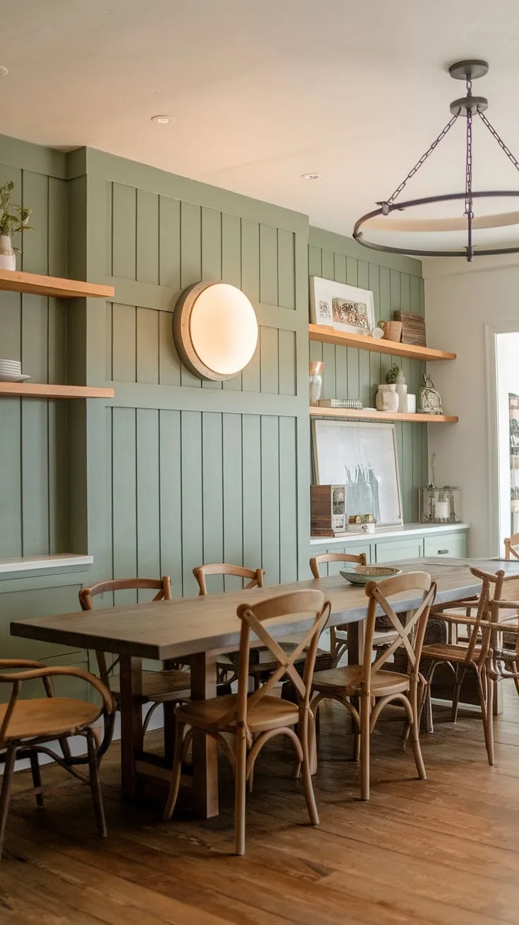 The board and batten detail on this dining room accent wall elevates the entire space.  The rich green of the accent kitchen wall is balanced perfectly by the warm tones of the wooden table and flooring.  This farmhouse dining room is a testament to how impactful green accent walls can be, proving that even a single room accent wall can transform a space.  The added shelves above the table provide functional dining room accents, completing the look.