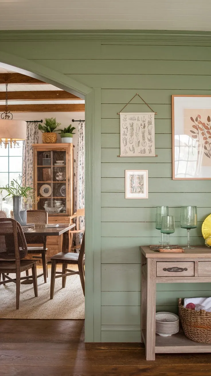 This farmhouse dining room's green accent walls, featuring a stunning board and batten design, are the perfect blend of rustic charm and modern elegance.  The dining room accent wall adds depth and personality, while the carefully chosen dining room accents complete the look.  Consider this inspiration for your own accent walls in living room or kitchen!