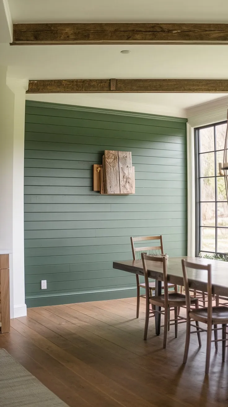 This farmhouse dining room's green accent wall, crafted with charming board and batten, is the perfect pop of color against the white walls and wooden furniture.  The dining room accent wall adds a touch of rustic elegance, making it a stunning example of how to use accent walls in living room and kitchen spaces alike.