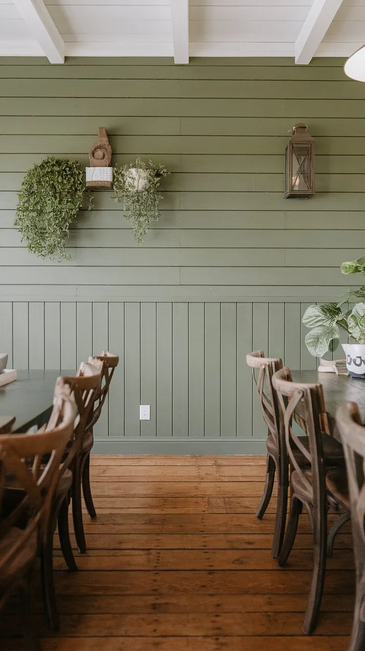 This farmhouse dining room's green accent wall, crafted with charming board and batten, elevates the space with rustic elegance.  The dining room accents, including the lantern and plant, perfectly complement the rich wood tones and create a warm, inviting atmosphere.  The room accent wall is a stunning example of how a simple design detail can transform a space.