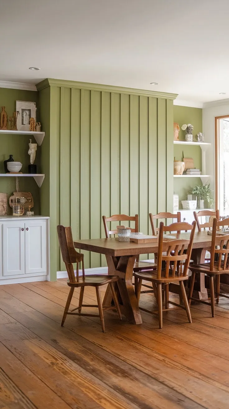 The board and batten on this dining room accent wall is simply breathtaking.  The rich green of the accent kitchen wall adds a pop of color to this farmhouse dining room, creating a welcoming and stylish space.  The carefully chosen dining room accents, from the wooden table to the wall shelves, work in perfect harmony with the green accent walls.  This room accent wall demonstrates how a simple design element, like board and batten, can dramatically impact a room's overall aesthetic, proving that even a farmhouse dining room can benefit from bold design choices.