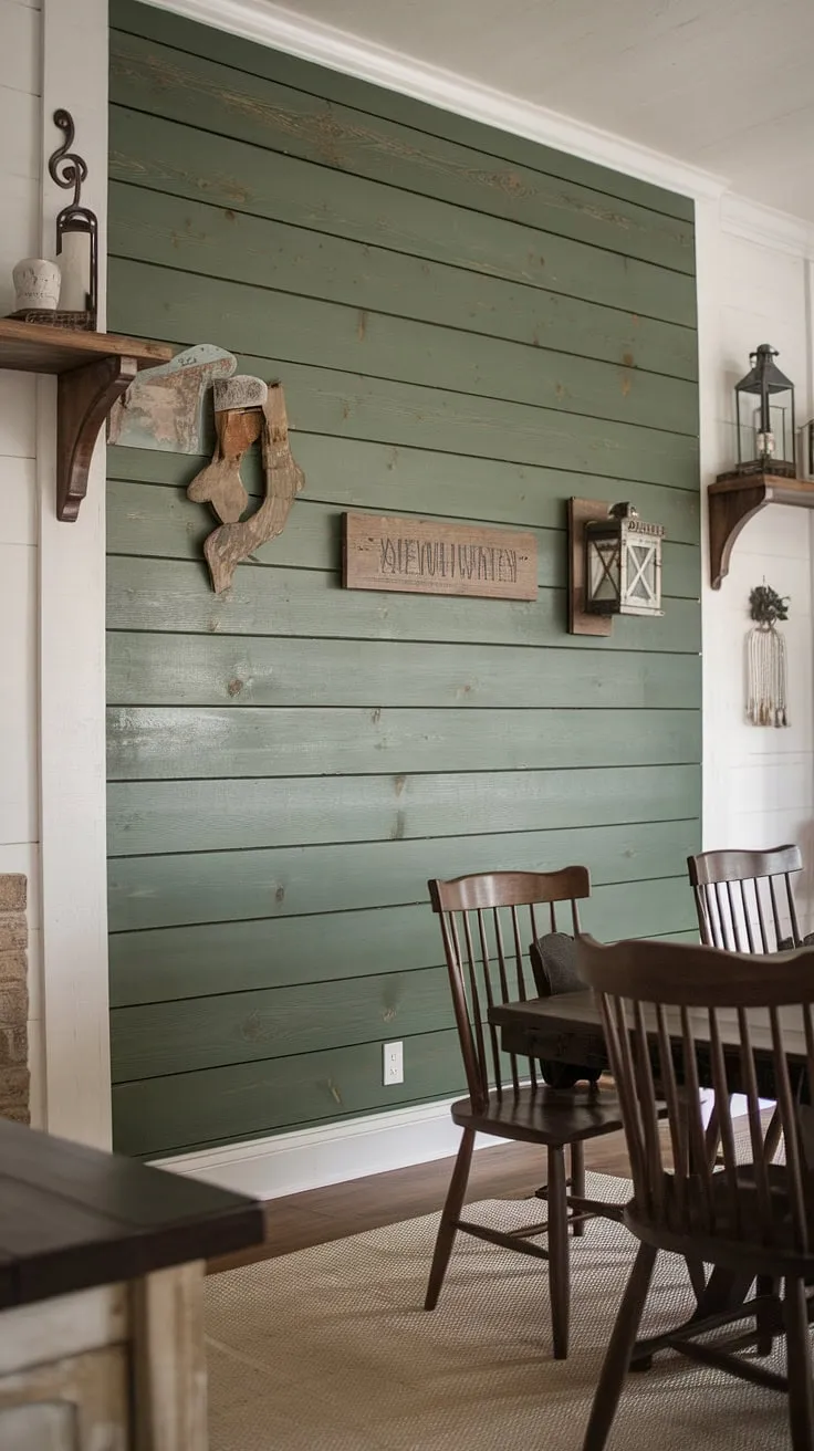 This farmhouse dining room's charm is undeniable, anchored by a stunning green accent kitchen wall. The board and batten detail adds texture and sophistication, perfectly complementing the rustic dining table and chairs.  The room accent wall elevates the space, showcasing the power of dining room accent wall design.  Other dining room accents, like the lantern and wooden shelf, complete the cozy ambiance.