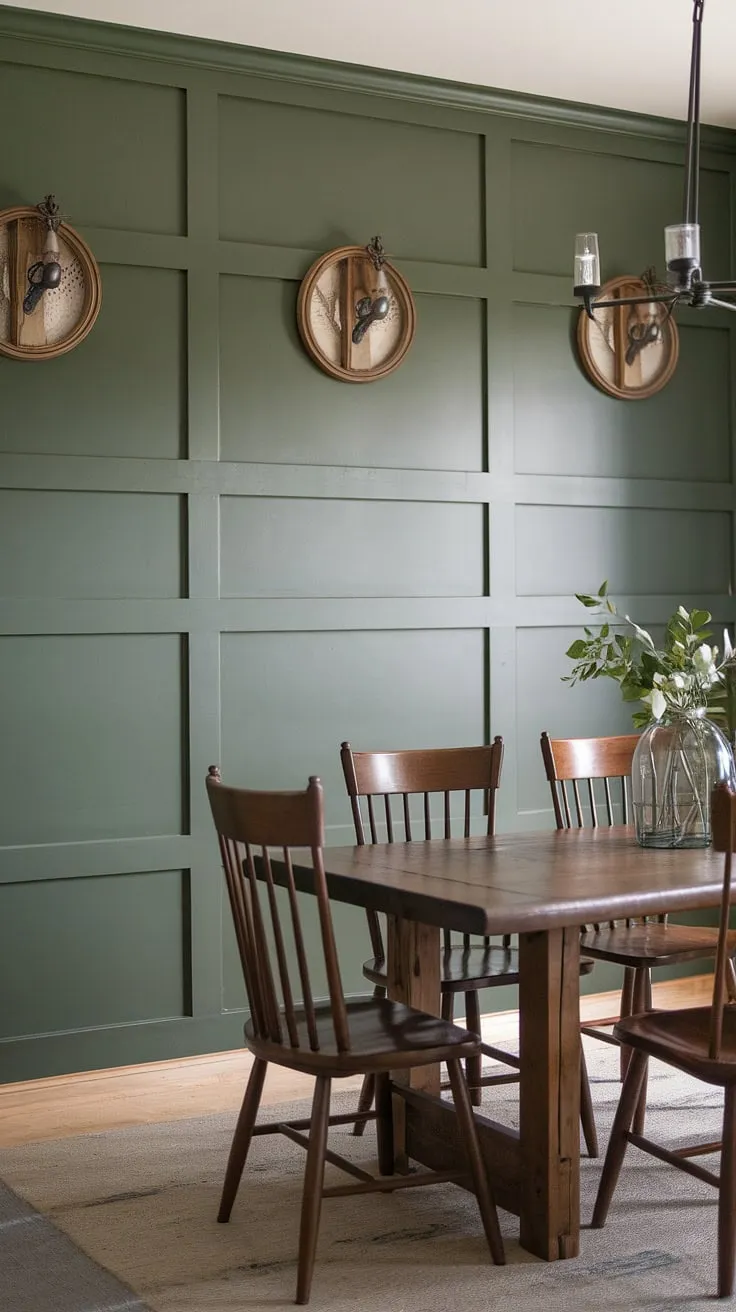 The board and batten on this dining room accent wall adds texture and depth to the farmhouse dining room.  This striking green accent kitchen wall, a clever use of accent walls in living room design principles, creates a welcoming and stylish focal point, perfectly complemented by the rustic dining room accents.