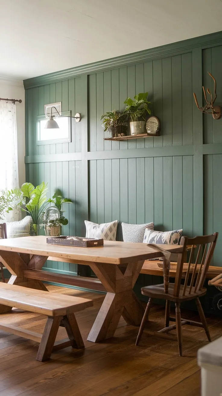 The rich green of this accent kitchen wall, designed with classic board and batten, brings a touch of nature to this farmhouse dining room.  The thoughtful dining room accents, from the wooden furniture to the carefully placed plants, complete the look.  This is a stunning example of how green accent walls and board and batten can add character to any room, even accent walls in living room.