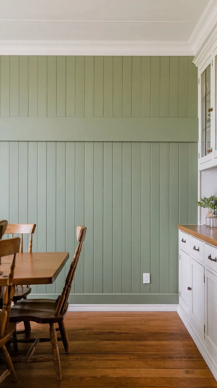 The rich tones of the wood flooring and dining set are beautifully balanced by the fresh vibrancy of the green accent kitchen wall.  This room accent wall, featuring a striking board and batten design, elevates the farmhouse dining room aesthetic.  While accent walls in living rooms are common, this dining room proves that a statement wall can be equally impactful in other spaces.  The dining room accents are perfectly chosen to complete the look.