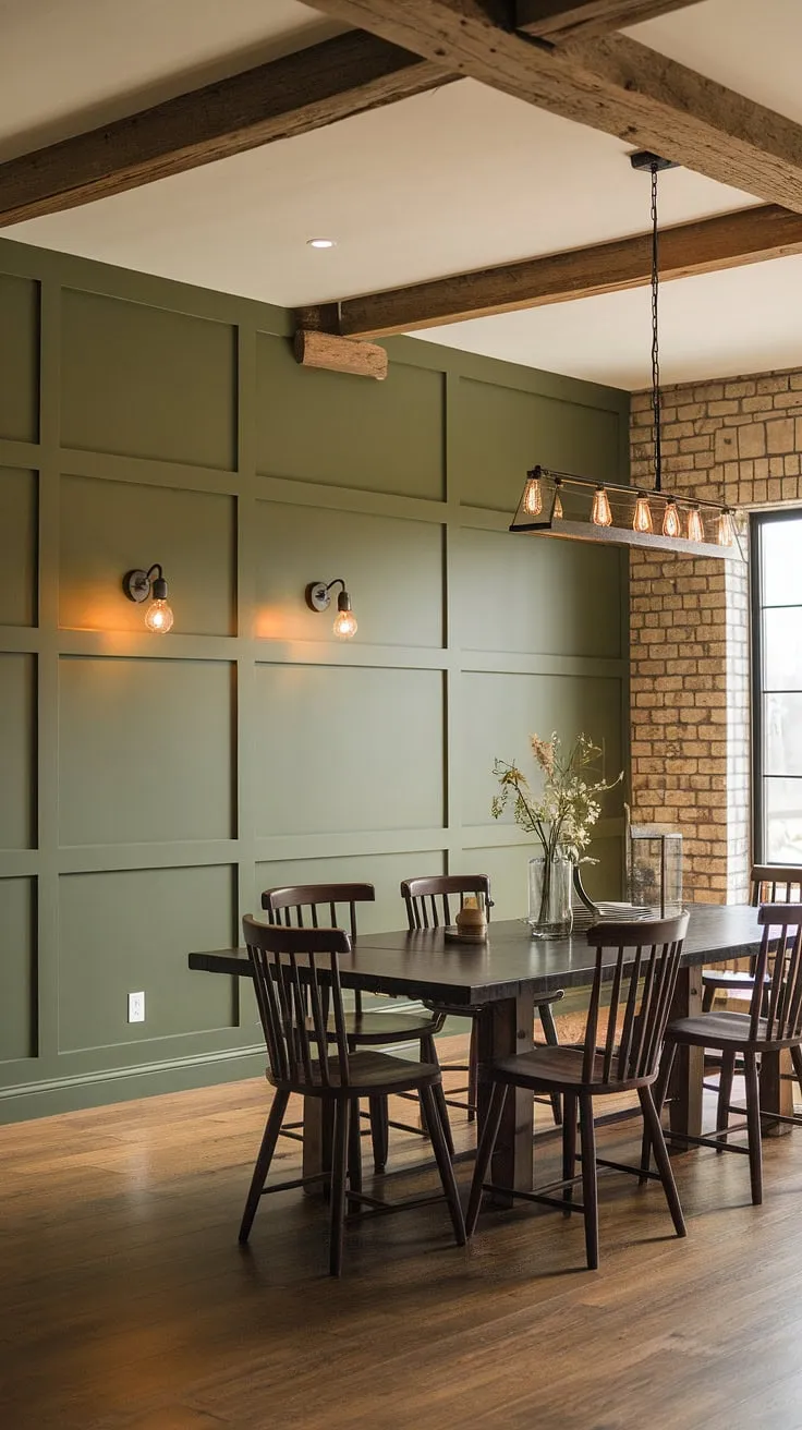 Warm lighting and rustic charm fill this farmhouse dining room, where a stunning green accent wall, complete with board and batten detailing, creates a captivating focal point.  The dining room accent wall perfectly complements the exposed wooden beams and brick accents, showcasing the beauty of green accent walls in a farmhouse setting.  This room accent wall elevates the space, adding a touch of elegance to the overall design, making it a perfect example of how to incorporate dining room accents.
