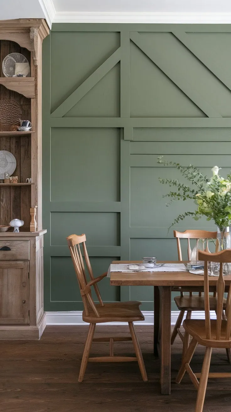 The rich green of this accent kitchen wall, featuring a beautiful board and batten design, elevates this farmhouse dining room to another level.  The dining room accents, from the wooden furniture to the carefully chosen décor, work in perfect harmony with the vibrant wall.  This room accent wall showcases how impactful even a single accent wall can be, proving that green accent walls are a fantastic choice for adding depth and character, even inspiring ideas for accent walls in living rooms.