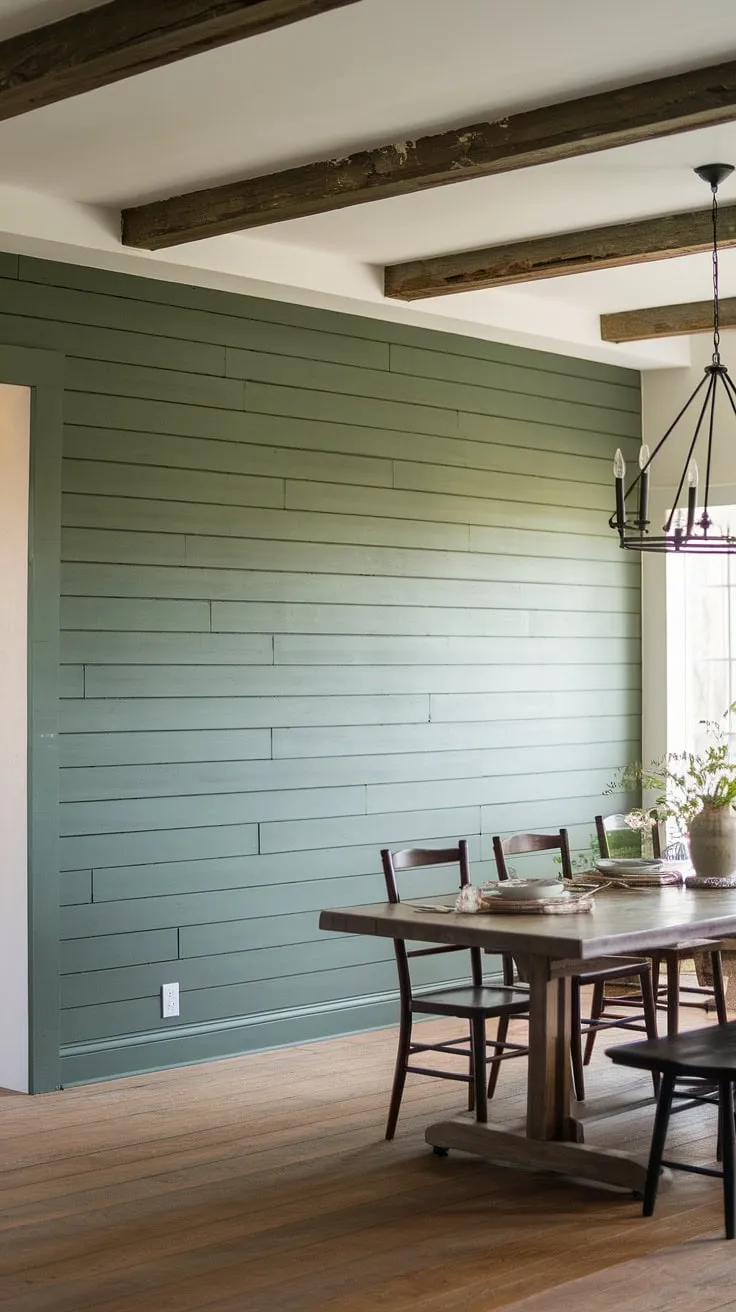 The rich green of this board and batten dining room accent wall brings a touch of nature's serenity to this farmhouse dining room.  The perfect blend of rustic charm and modern elegance, showcasing how a simple room accent wall can transform a space.  This green accent walls design is a stunning example of dining room accents done right.