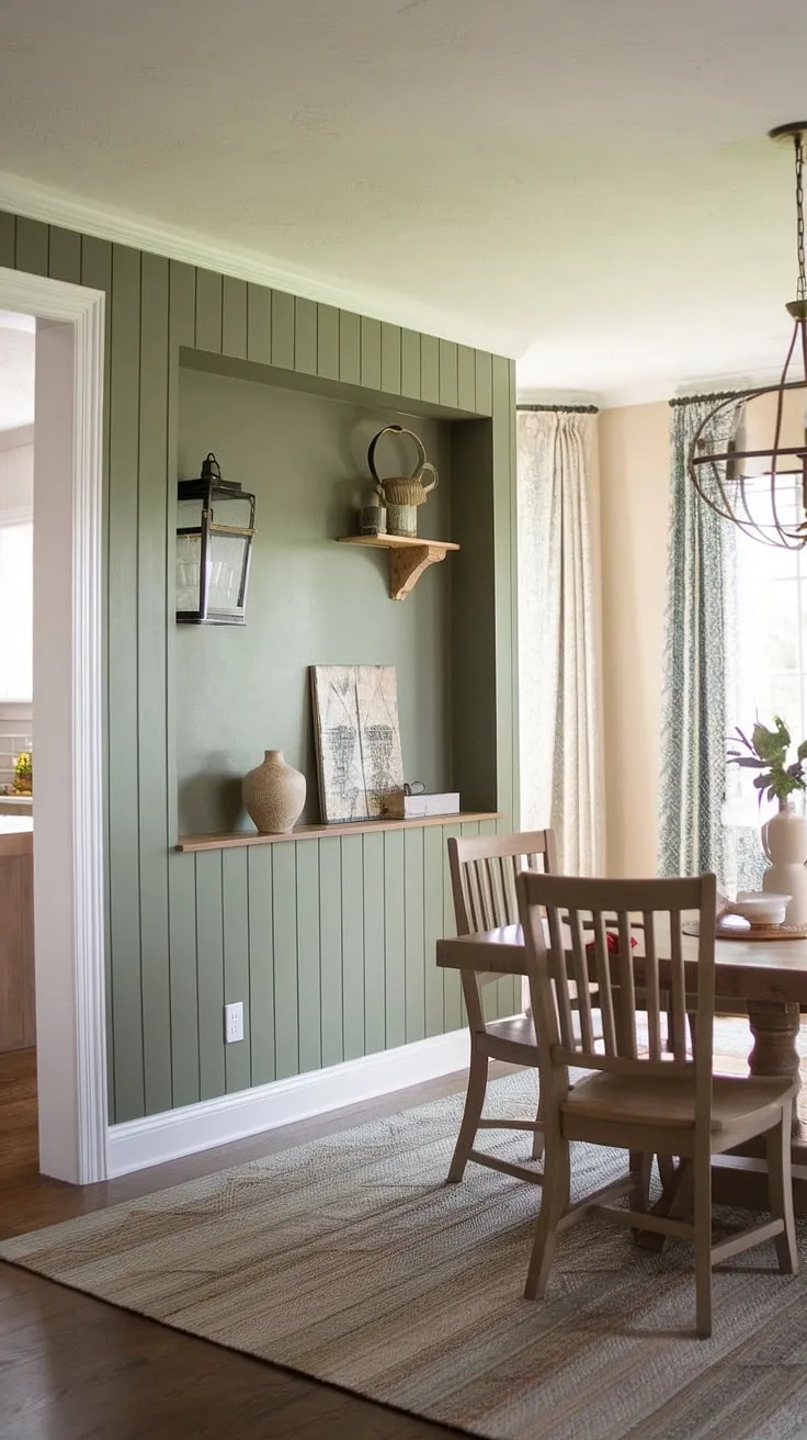 The rich green of this board and batten accent kitchen wall instantly transforms this farmhouse dining room.  The built-in shelving adds functionality, while the carefully chosen dining room accents complete the look.  This room accent wall is a masterclass in design, proving that green accent walls can be both stylish and practical.  The overall effect is a space that feels both cozy and elegant, a testament to the power of a well-executed accent walls in living room design.
