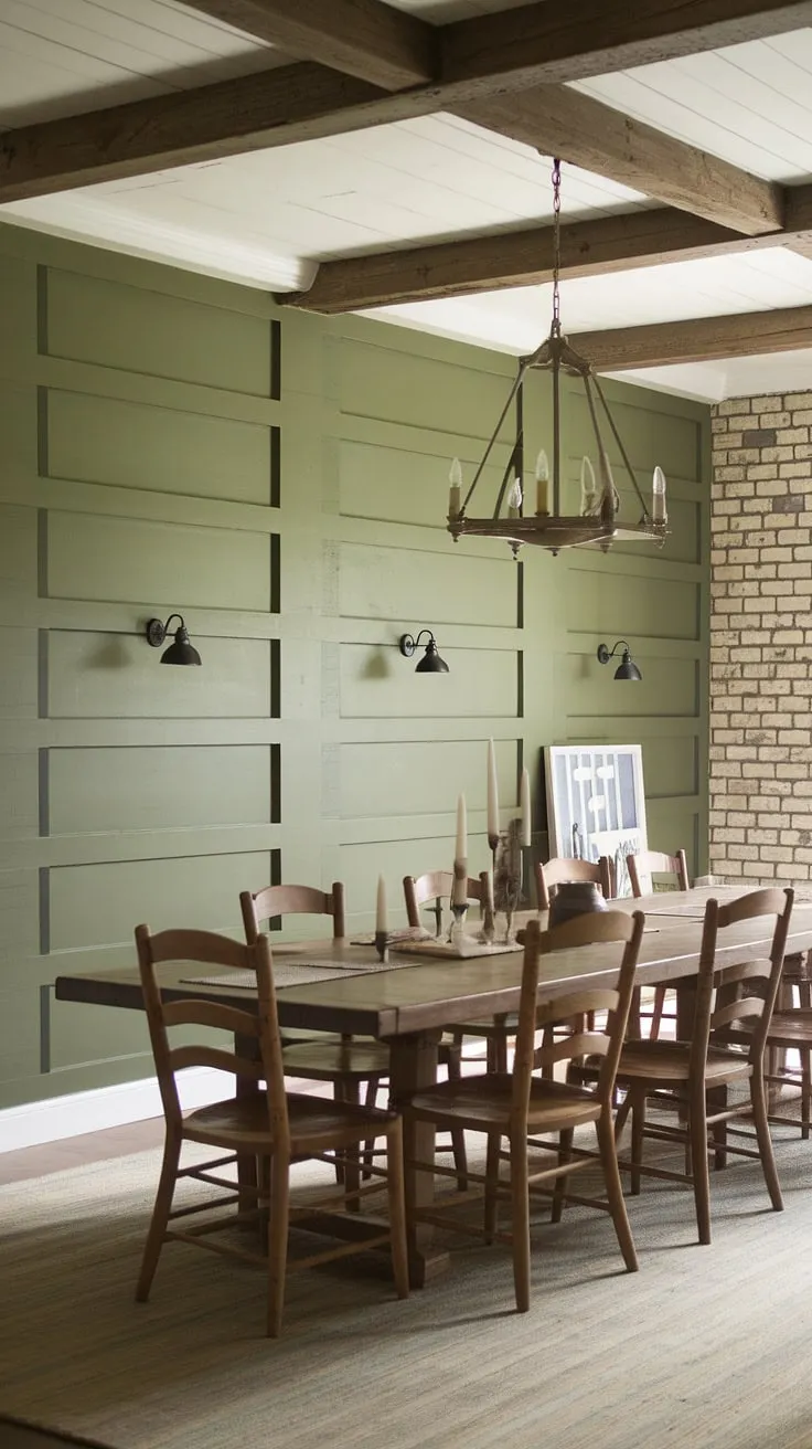 This farmhouse dining room's green accent walls, finished with stylish board and batten, are the perfect backdrop for countless memories.  The accent kitchen wall aesthetic seamlessly blends with the rustic elements, showcasing how a simple room accent wall can transform a space.  The dining room accents, from the chandelier to the wooden table, complete the picture of cozy country living.