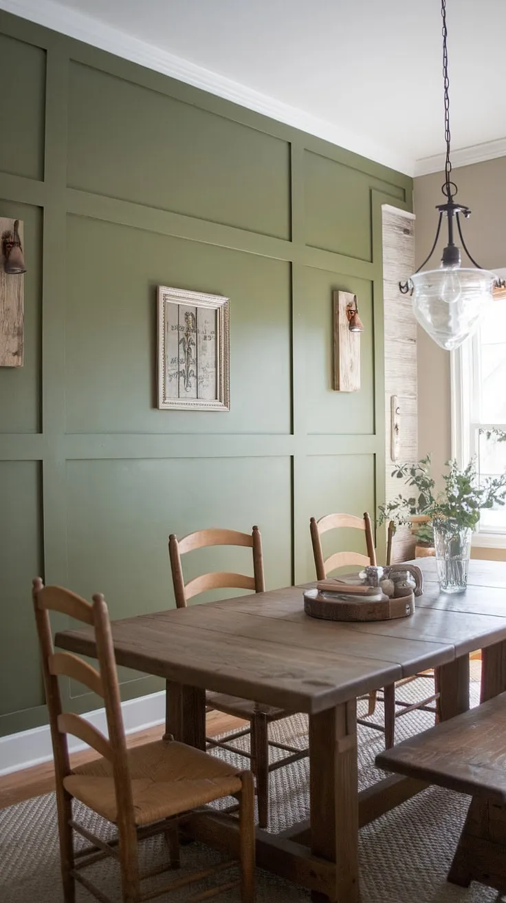 This farmhouse dining room's charm is undeniable, anchored by a stunning green accent wall featuring board and batten detailing.  The perfect blend of rustic and refined, this dining room accent wall elevates the space, showcasing the power of a well-chosen room accent wall.  The green accent walls add a touch of nature, complementing the wooden dining table and creating a welcoming atmosphere.  This is a masterclass in dining room accents.