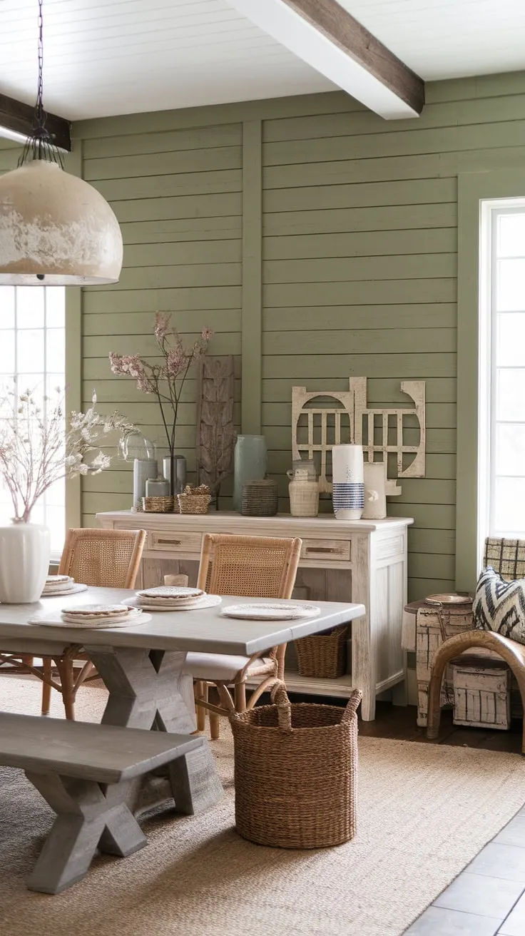 The board and batten detail on this dining room accent wall creates a captivating focal point in this charming farmhouse dining room.  The rich green of the accent walls perfectly complements the rustic wooden furniture and vintage dining room accents.  While often seen in living rooms, accent walls in living room design principles translate beautifully to this space, proving that a room accent wall can elevate any room.  This farmhouse dining room is a testament to the power of a well-chosen green accent wall.