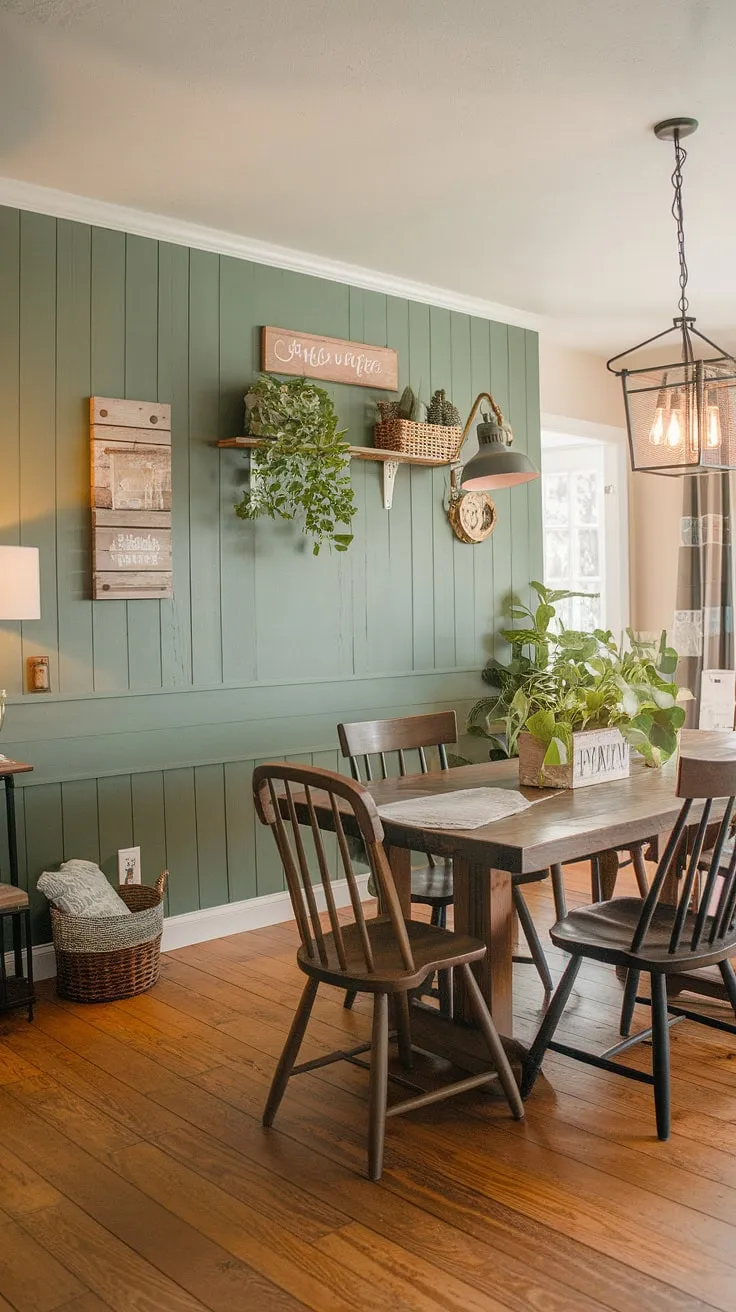 This farmhouse dining room is a testament to the beauty of simple elegance.  The board and batten dining room accent wall, painted a refreshing green, is a stunning focal point.  The green accent walls add a pop of color, while the carefully chosen dining room accents, from the rustic table to the potted plants, create a welcoming atmosphere.  While accent walls in living rooms are popular, this room proves the transformative power of a thoughtfully designed room accent wall in a dining space.