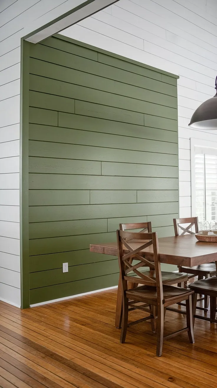 The calming green of this board and batten dining room accent wall, a striking contrast to the white farmhouse aesthetic, creates a space that's both inviting and sophisticated.  The rich wood tones of the dining table and chairs, complemented by the bamboo flooring, complete this charming farmhouse dining room.  This room accent wall perfectly showcases the power of a simple yet impactful design choice.