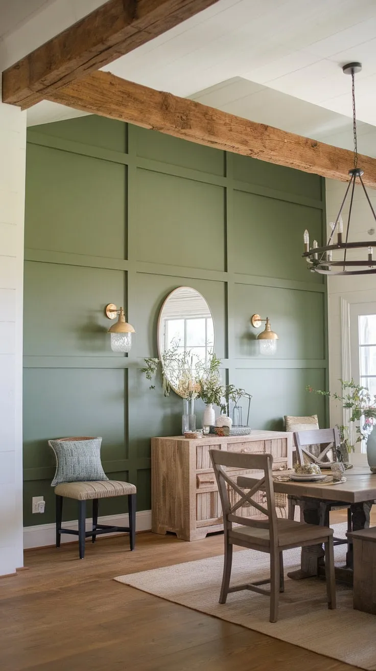 This farmhouse dining room's stunning room accent wall, a masterpiece of board and batten, is a testament to the power of a well-placed accent. The green accent walls create a calming backdrop, while the wooden beam and rustic furniture add warmth and character.  While the design is perfect for a dining room, the inspiration could easily translate to accent walls in living room spaces.