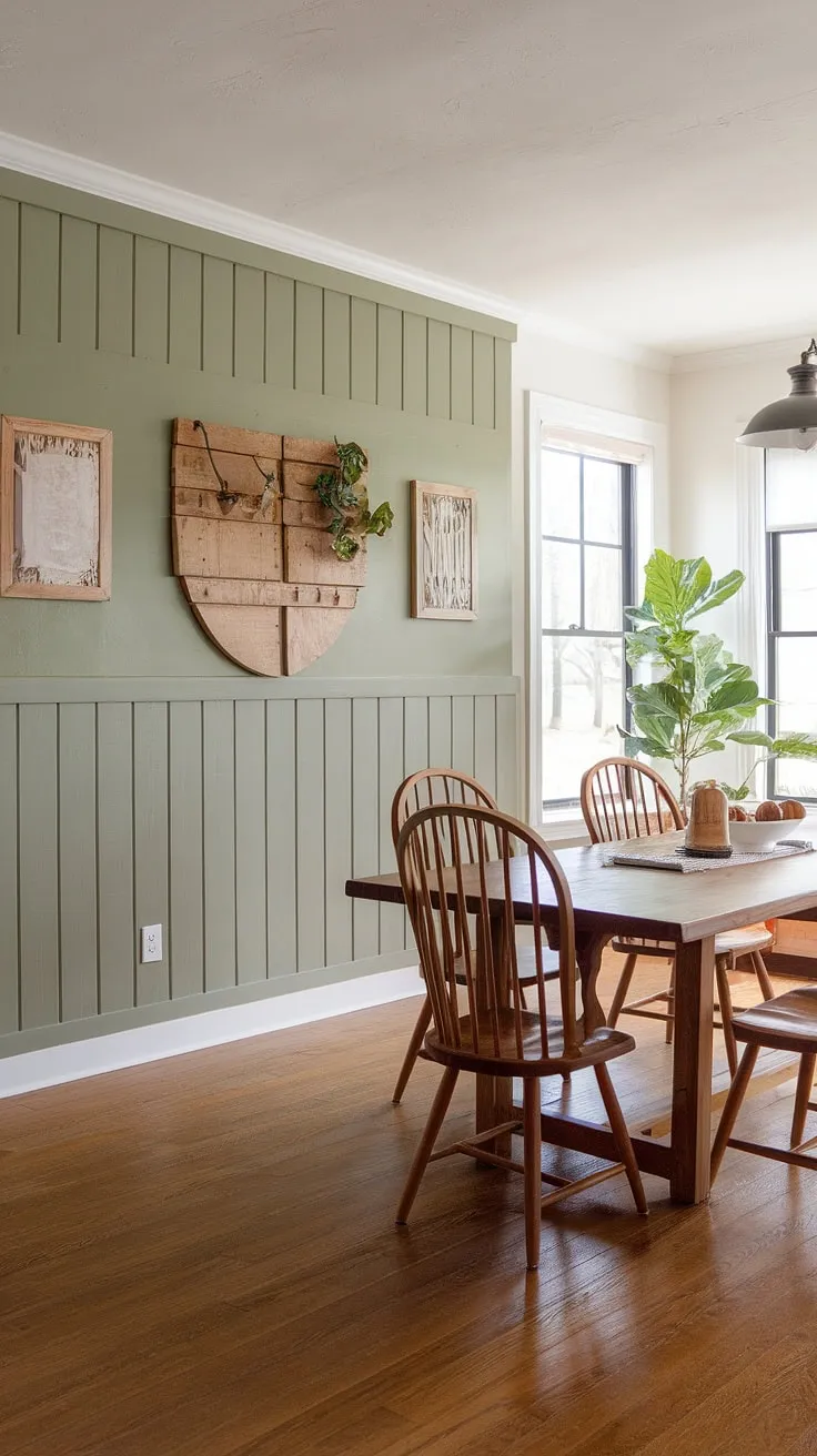 This farmhouse dining room's board and batten room accent wall, painted a refreshing green, is the perfect backdrop for family gatherings.  The green accent walls create a tranquil space, while the wooden table and chairs maintain the room's rustic appeal.  While this is a dining room feature, the design could easily inspire accent walls in living room spaces.