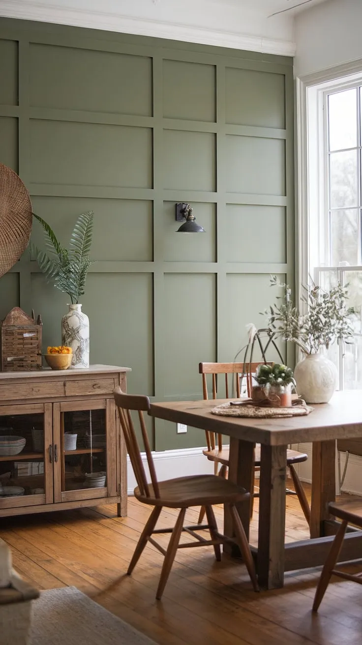 A dreamy farmhouse dining room, anchored by a captivating green accent wall. The board and batten paneling on this dining room accent wall adds depth and sophistication, while the natural light and warm wood tones create a welcoming atmosphere.  This is the perfect example of how accent walls in living room or dining spaces can elevate the overall design, showcasing the beauty of green accent walls.