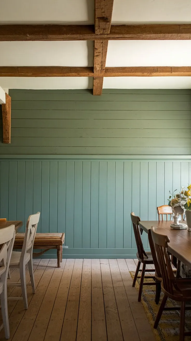 This farmhouse dining room's charm is undeniably amplified by the stunning green accent wall.  The board and batten detailing adds texture and sophistication, creating a perfect balance between rustic and refined.  The rich wood tones of the table and floor complement the green beautifully, making this dining room accent wall a true focal point.  While this is a dining room accent wall, the design inspiration could easily translate to an accent kitchen wall or even accent walls in a living room.