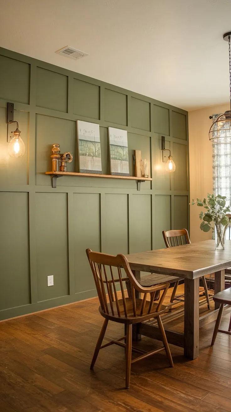 This farmhouse dining room's board and batten accent kitchen wall in a calming green hue is the ultimate design statement.  From the room accent wall to the carefully curated dining room accents, every detail speaks to a love of rustic elegance.  The green accent walls create a tranquil backdrop for gatherings, proving that accent walls in living room and dining spaces alike can add immeasurable character.