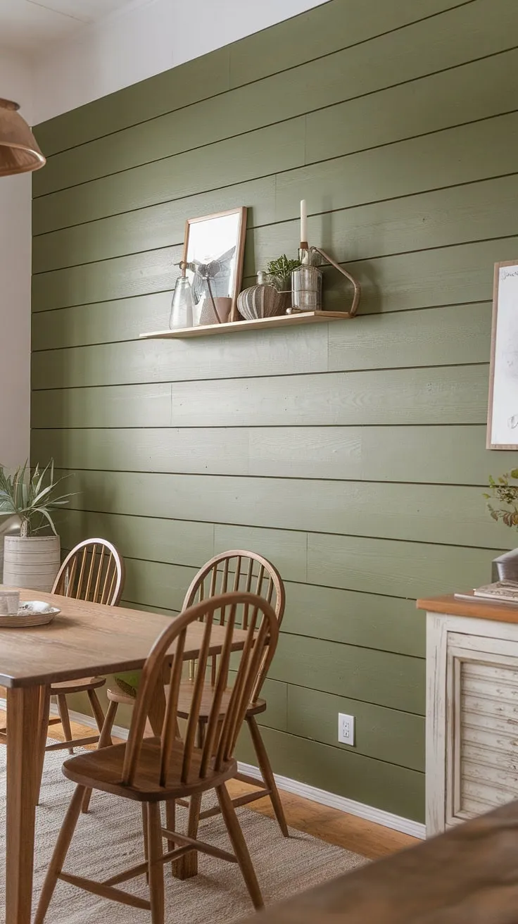 The calming green of this dining room accent wall, featuring a beautiful board and batten design, is the perfect backdrop for rustic farmhouse dining.  Simple dining room accents complete the look, creating a space that's both stylish and comfortable.  This room demonstrates the power of a room accent wall to transform a space, showcasing how green accent walls can add depth and character.  Consider this inspiration for your own farmhouse dining room or even accent walls in living room areas.