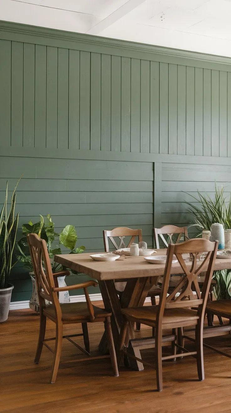 This farmhouse dining room's charm is undeniable, anchored by a stunning green accent kitchen wall featuring board and batten detailing.  The rich wood tones of the table and floor complement the dining room accent wall perfectly, creating a space that's both rustic and refined.  The addition of potted plants completes the inviting atmosphere, showcasing how effective green accent walls can be in transforming a room.