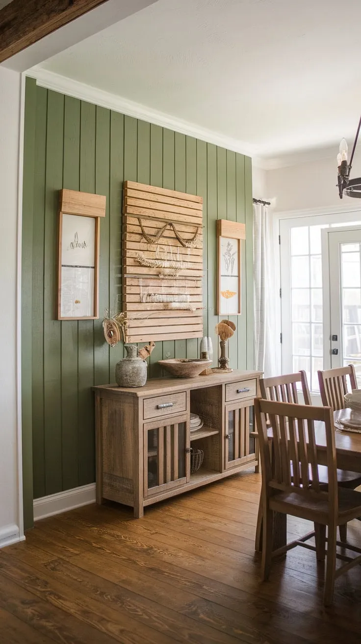 The board and batten accent kitchen wall in this farmhouse dining room is a masterpiece of rustic elegance.  The rich green of the room accent wall is perfectly balanced by the warm wood tones, creating a space that's both inviting and stylish.  This dining room showcases how green accent walls can transform a space, adding depth and character to the overall design, while the dining room accents complete the farmhouse feel.