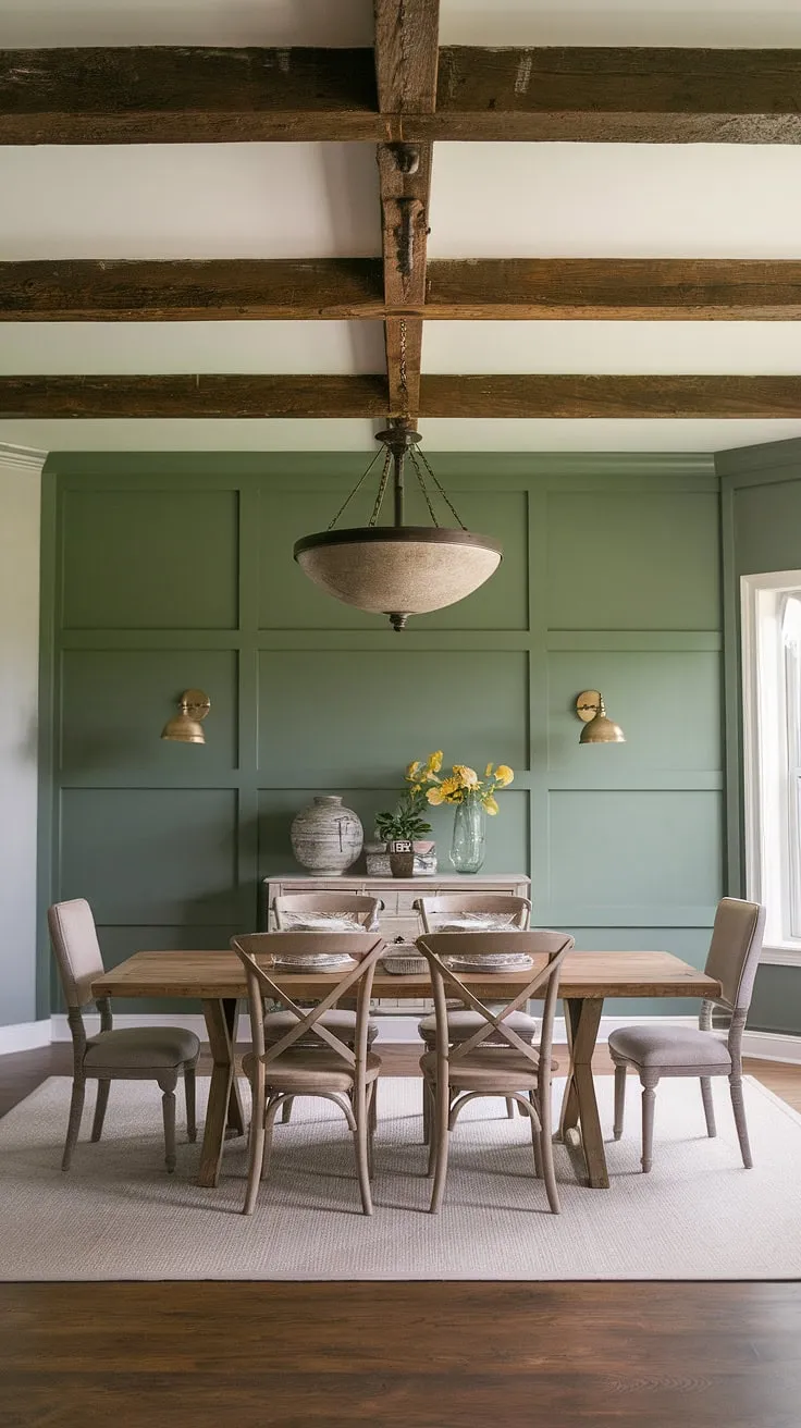 The board and batten detail on this dining room accent wall is simply stunning.  This green accent wall transforms the farmhouse dining room, showcasing the beauty of accent walls in living room and kitchen spaces alike.  The careful selection of dining room accents perfectly complements the rustic charm and creates a truly unforgettable dining experience.
