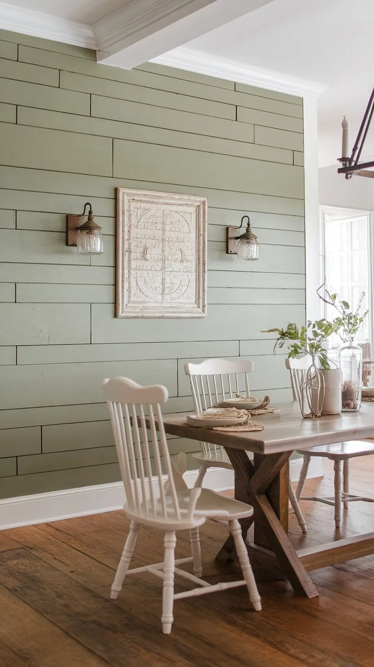 This farmhouse dining room's charm is undeniable, thanks to the stunning green accent wall. The board and batten detail adds texture and depth, creating a focal point that perfectly complements the rustic chic decor.  The mix of light and dark green panels elevates the space, showcasing the beauty of green accent walls and offering a fresh take on dining room accents.  The wooden table and white chairs complete the look, making this room accent wall a true masterpiece.