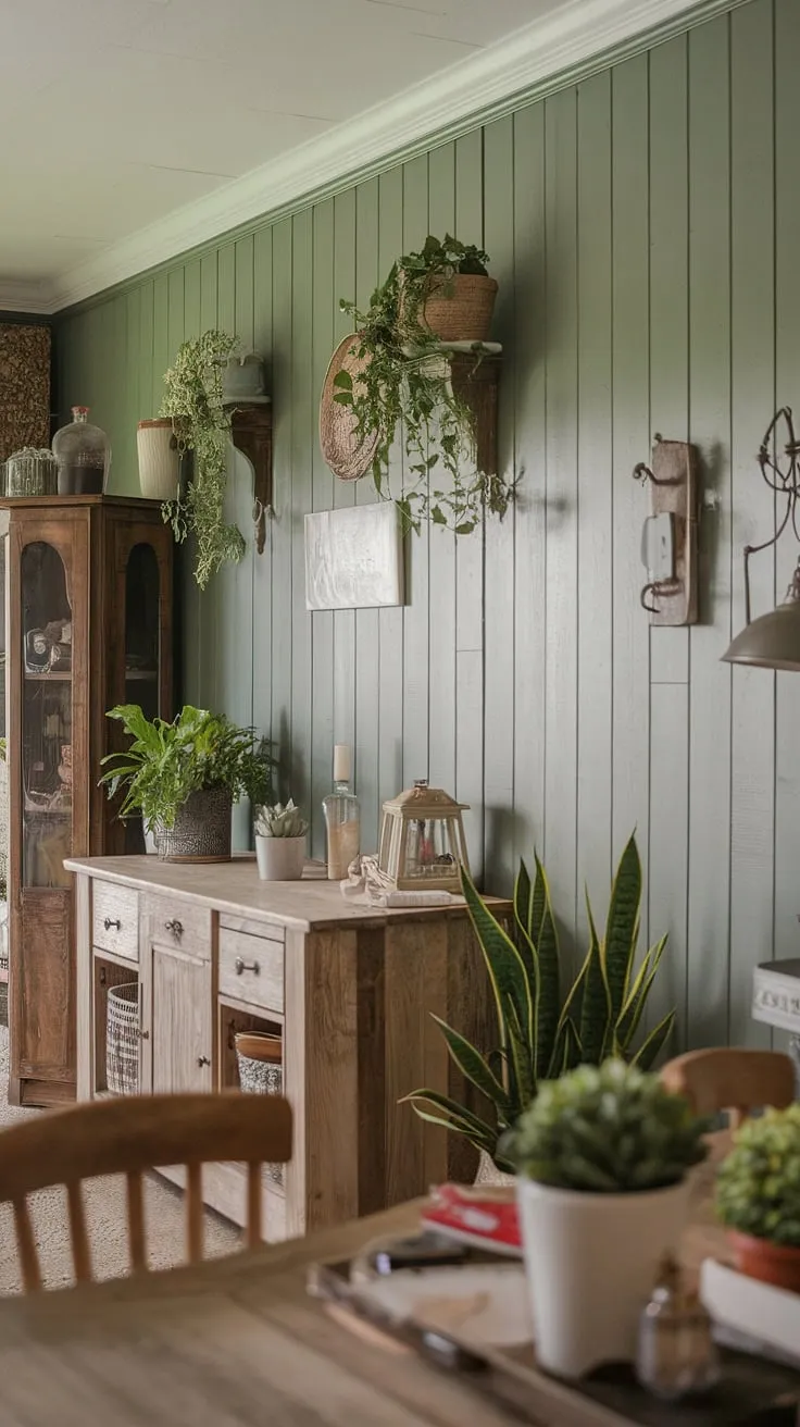 This farmhouse dining room's green accent wall, complete with board and batten detailing, adds a touch of rustic charm.  The dining room accents, from the wooden furniture to the potted plants, perfectly complement the room accent wall, creating a cozy and inviting atmosphere.  The accent kitchen wall (though not pictured) would surely coordinate beautifully.