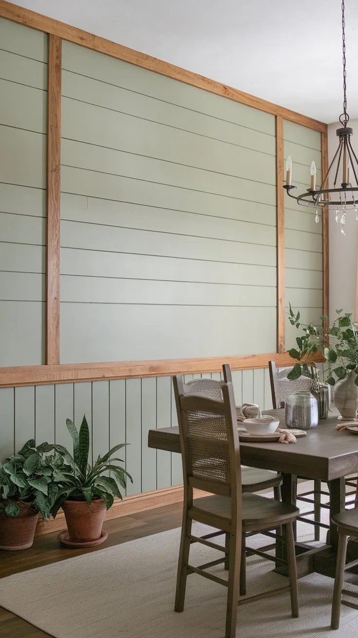 The board and batten on this room accent wall transforms the farmhouse dining room.  This dining room accent wall, painted a calming green, is a showstopper.  The wood framing adds rustic elegance, while the overall design seamlessly blends with the existing farmhouse aesthetic, proving that accent walls in living room and dining areas can be equally stunning.  The perfect example of using dining room accents to create a cozy and inviting atmosphere.