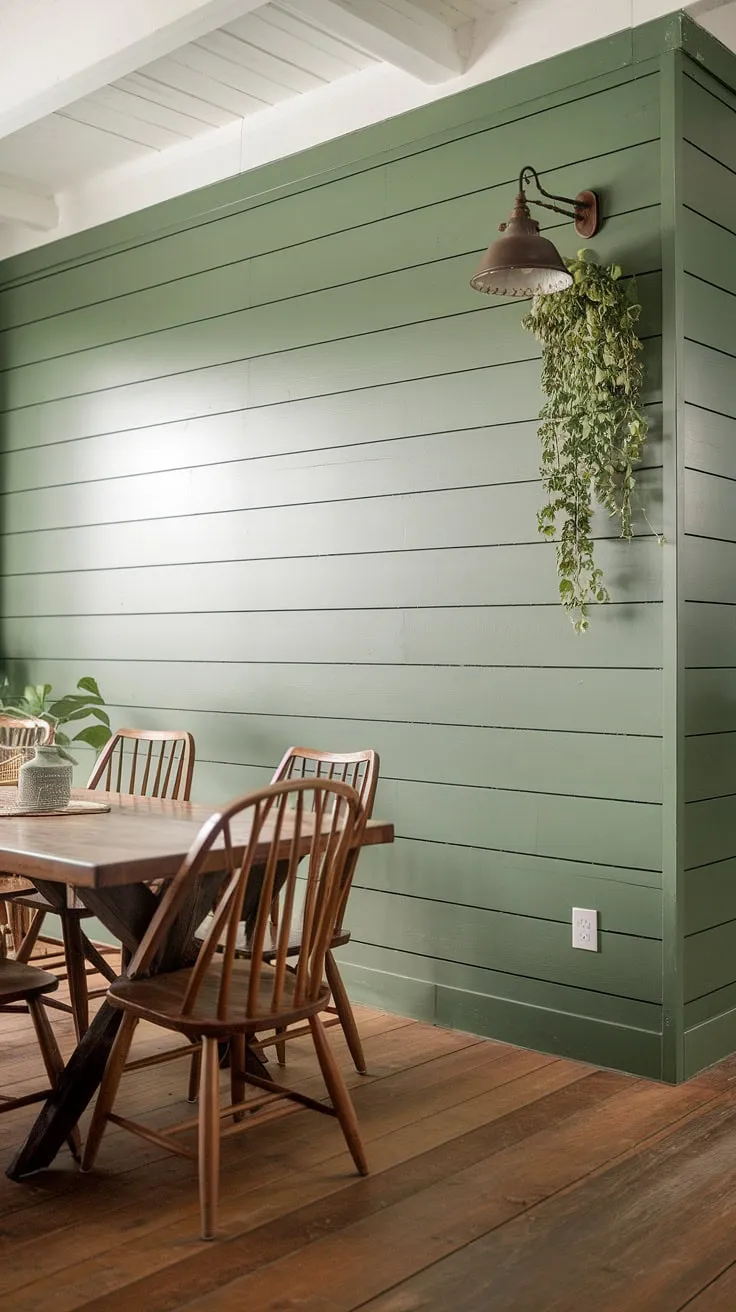 The rich green of this dining room accent wall, finished with elegant board and batten, instantly elevates the farmhouse dining room.  The accent kitchen wall (though not technically in the kitchen!)  and the green accent walls throughout the home create a cohesive and inviting atmosphere.  Simple dining room accents complete the look, showcasing the power of a well-chosen room accent wall.