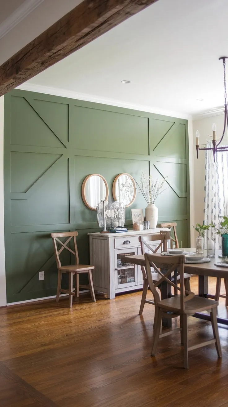 This farmhouse dining room's charm is undeniable, anchored by a stunning green accent wall featuring board and batten detailing.  The rich wood tones of the furniture and flooring complement the dining room accent wall perfectly, creating a space that's both rustic and refined.  The subtle elegance of the green accent walls adds a touch of unexpected sophistication to this inviting space, showcasing the power of a simple room accent wall.