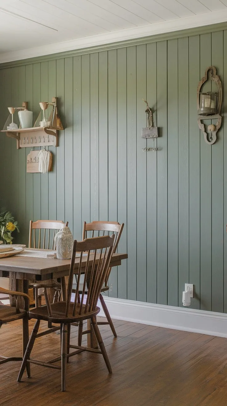 A stunning example of how green accent walls can transform a room!  This farmhouse dining room boasts a captivating board and batten accent wall, adding texture and depth.  The dining room accents and overall design create a warm and inviting atmosphere. While this is a dining room, the design inspiration could easily translate to accent walls in living rooms.