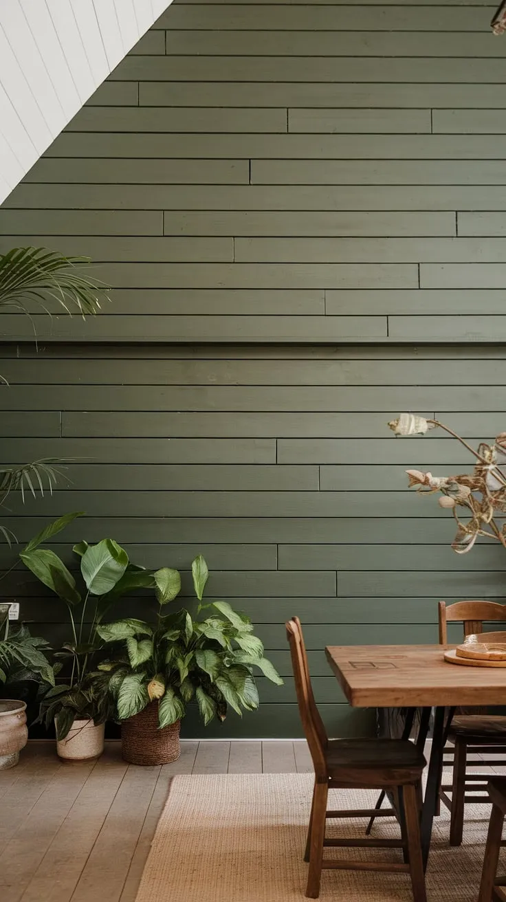 This farmhouse dining room's dramatic green accent wall, crafted with classic board and batten, elevates the space from cozy to captivating.  The rich color complements the rustic wooden dining table and chairs, creating a perfect blend of farmhouse charm and modern sophistication.  A stunning example of how a dining room accent wall, or even an accent kitchen wall, can transform a room.