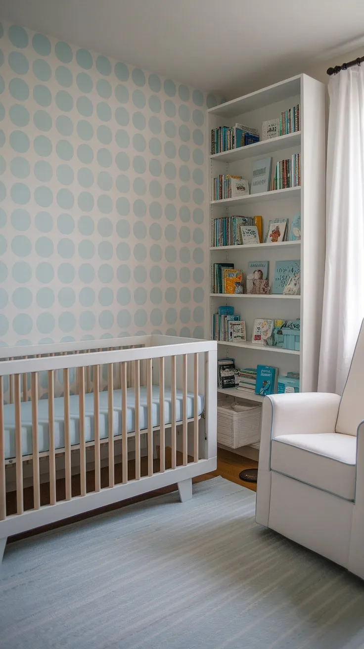 Sweet dreams are made of this!  This serene baby boy nursery, featuring a charming accent nursery wall and a calming color palette, offers endless baby nursery inspiration.  The thoughtful nursery room design, complete with a cozy rocking chair and curated bookshelf, provides the perfect blend of baby room themes and functionality.  Pure baby room inspiration for creating a haven of tranquility.