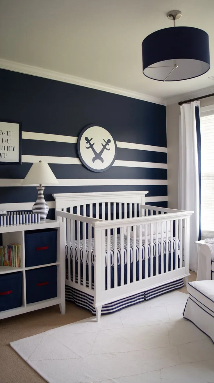 Dive into this dreamy baby boy nursery, a perfect blend of nautical charm and modern nursery room design. The striking navy blue accent nursery wall provides a sophisticated backdrop for this baby room, showcasing clever baby room themes.  This baby room inspiration is overflowing with ideas, from the stylish bookshelf to the cozy rocking chair.  Looking for baby nursery inspiration?  This space is a masterclass in nursery room design and baby room design, offering a calming and stylish haven for your little one.  It's the ultimate nursery inspo for a baby boy room.